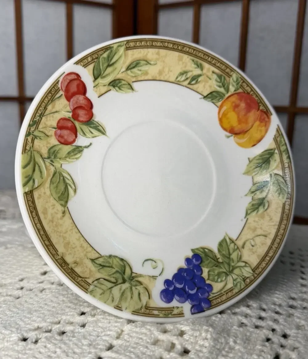 Set of 4 Vintage Gibson Fruit Pattern Saucers 6” | Cherries Grapes Peaches